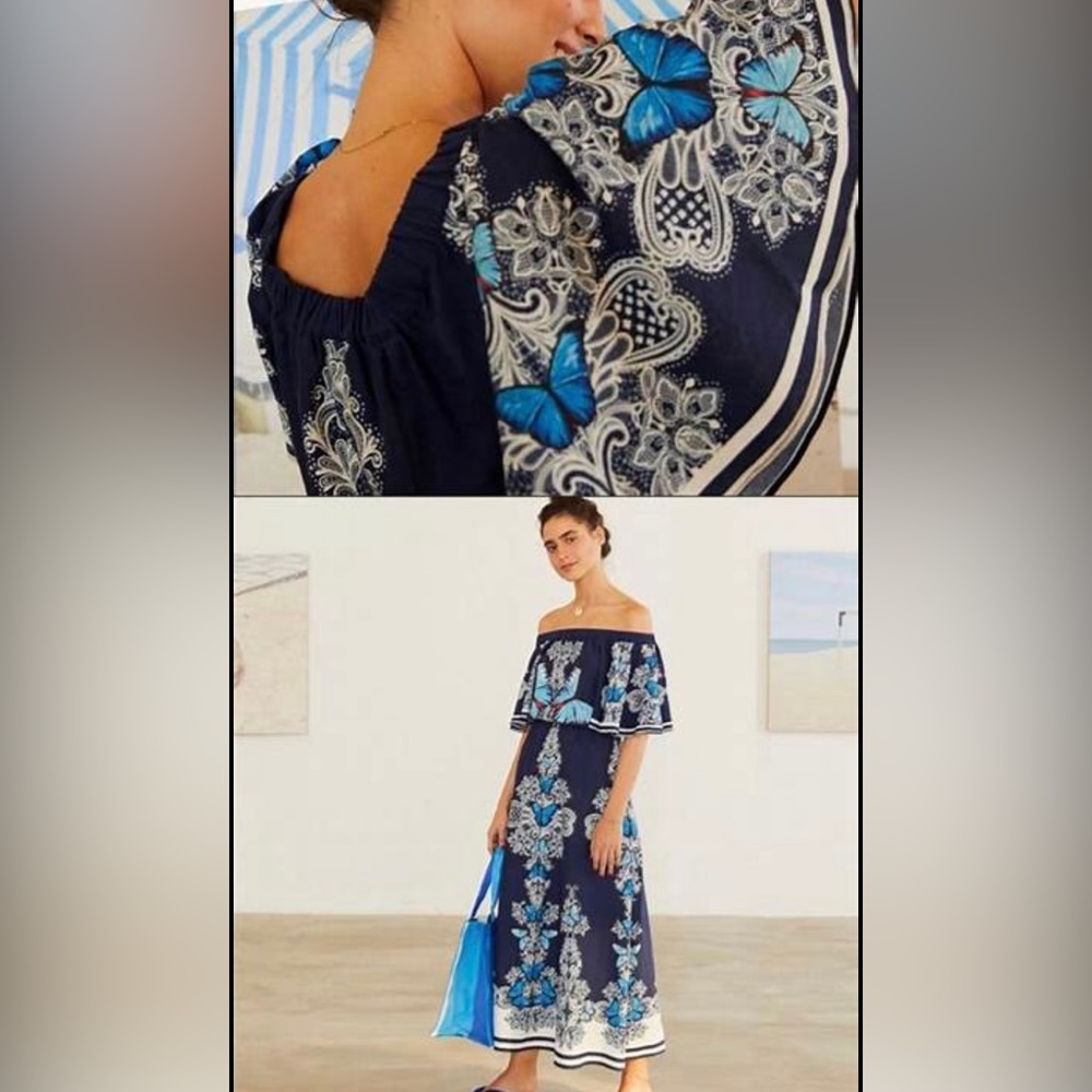 Farm Rio butterfly on or off the shoulder dress.